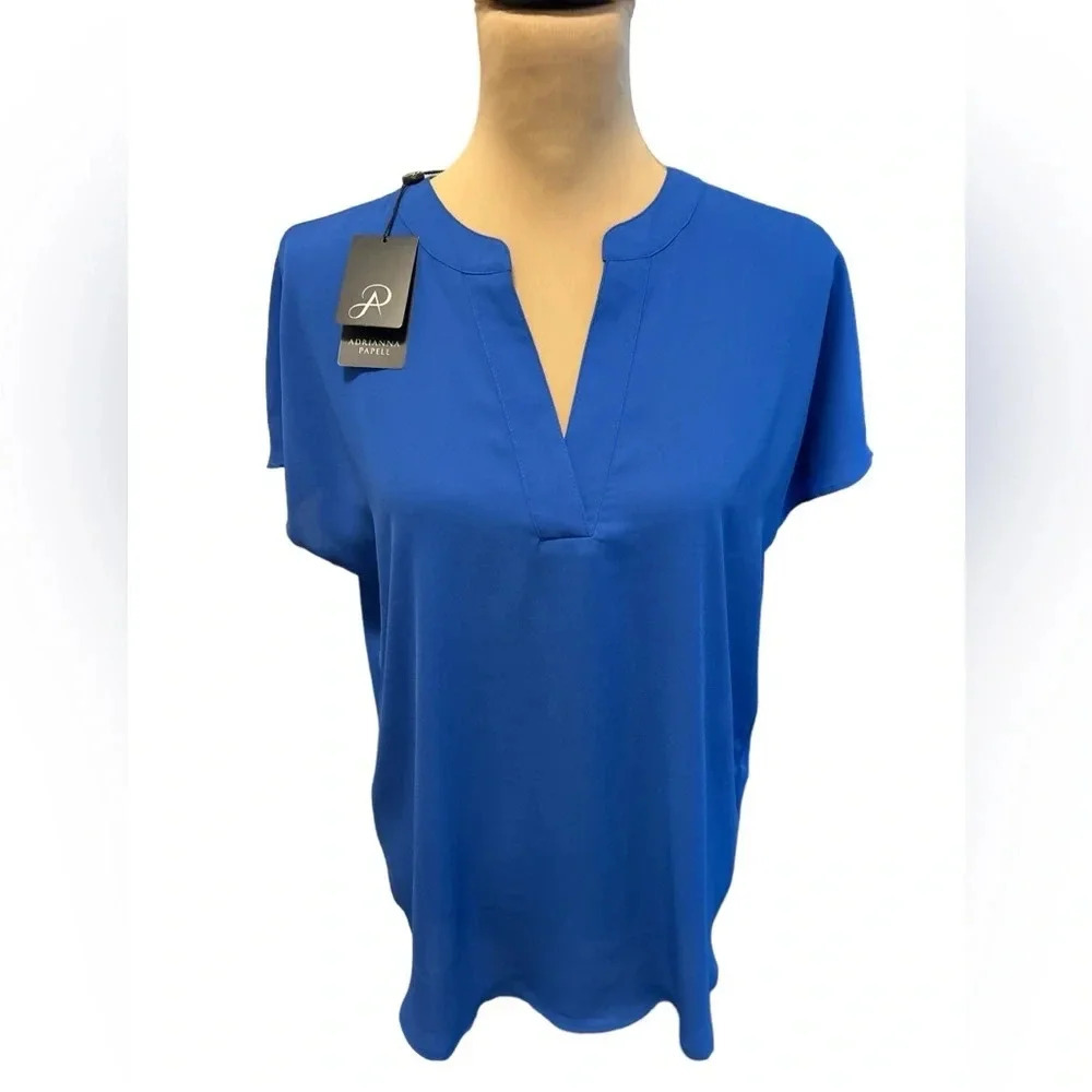 NWT Adrianna Papell Large Blouse Royal Blue Dolman Cap Sleeve V-Neck Tunic Top - Picture 1 of 10